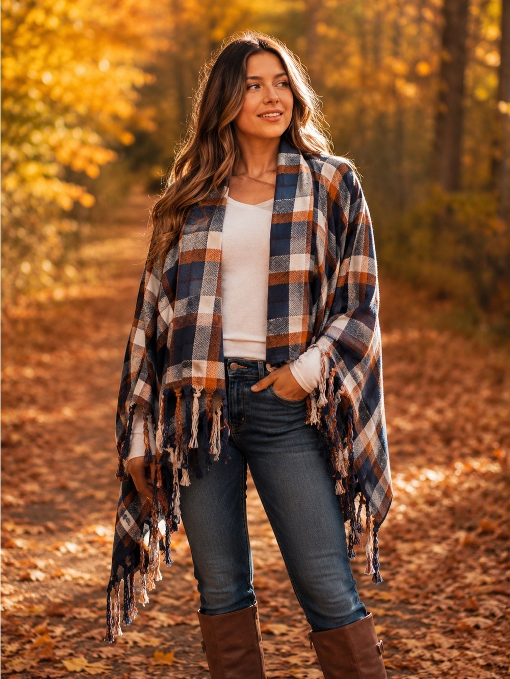 entro Preppy Plaid Fall Kimono Open Front in Navy, Brown, Cream SZ S